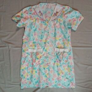 Vtg Pearl Snap House Coat Patio Dress Duster Mu Mu Pockets Embroidered No Tag